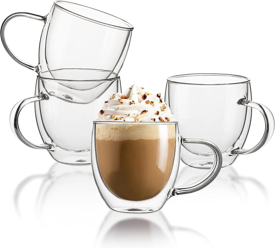 8 oz Double Wall Glass Coffee Mugs, Set of 4